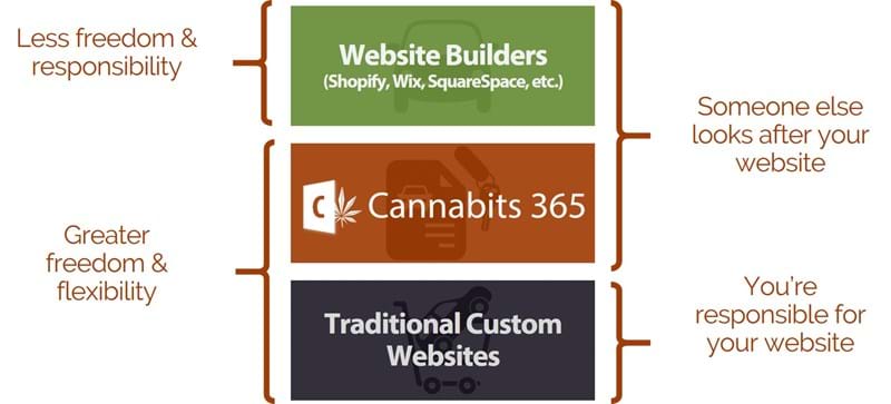 Cannabits 365 versus Website Builders versus Traditional Custom Websites Graph comparing the advantages of Cannabits 365 over website builders or traditionally developed websites